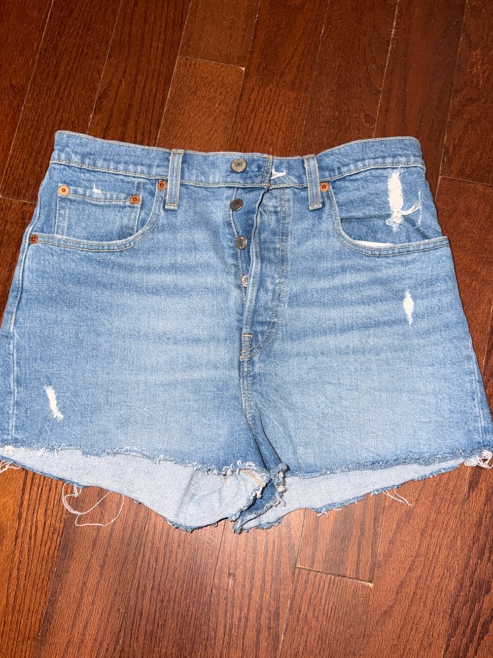 Levi's Light Blue Distressed High-Waist Ribcage Denim Shorts